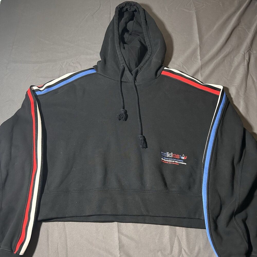 Adidas Originals Trefoil Crop Hoodie Black Red Blue Stripe Trim Women’s Size M